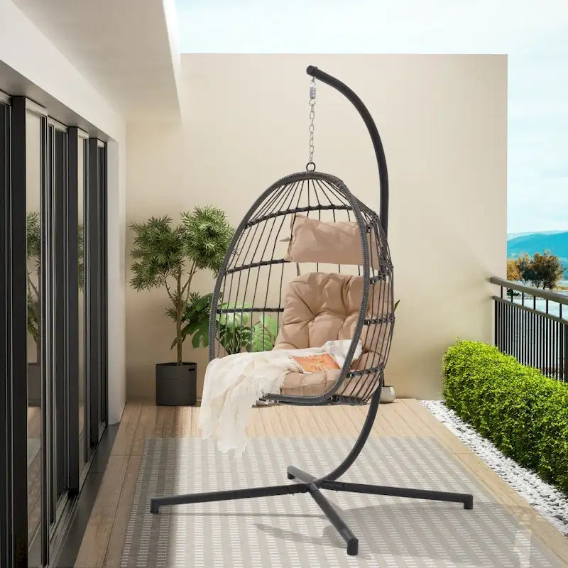 1-Person Gray Metal Porch Swing Egg Chair with Stand and Cushion