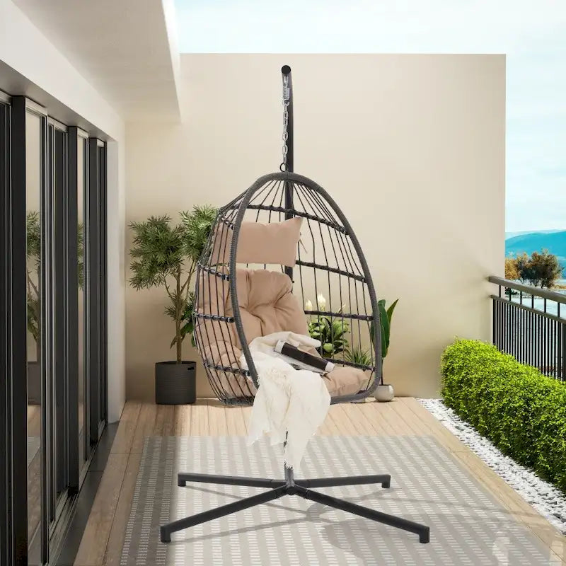 1-Person Gray Metal Porch Swing Egg Chair with Stand and Cushion