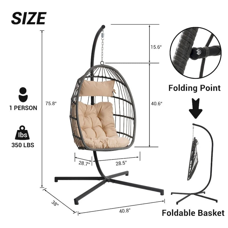 1-Person Gray Metal Porch Swing Egg Chair with Stand and Cushion