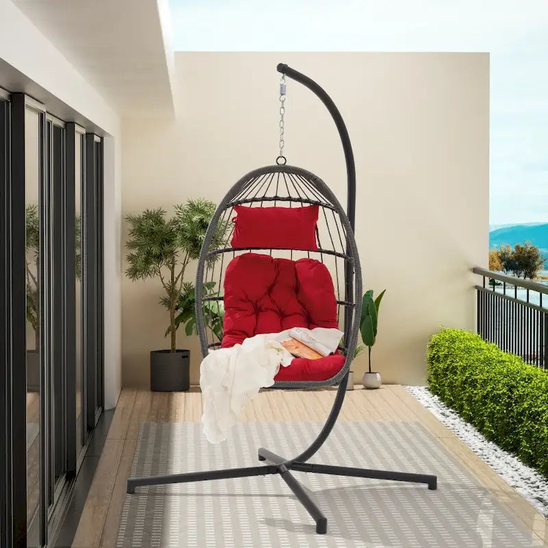 1-Person Gray Metal Porch Swing Egg Chair with Stand and Cushion