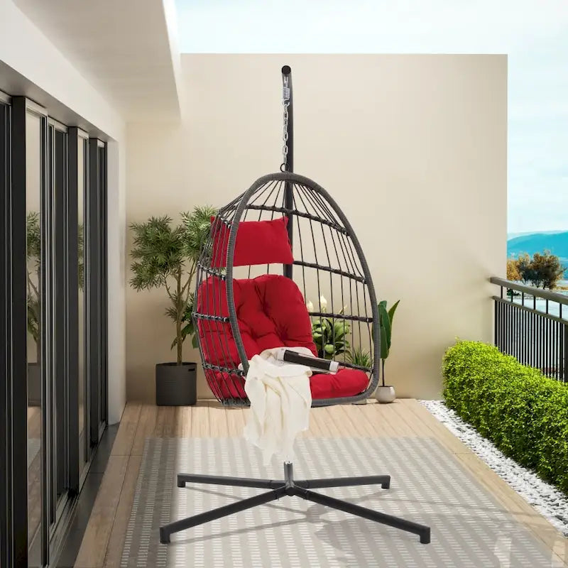1-Person Gray Metal Porch Swing Egg Chair with Stand and Cushion