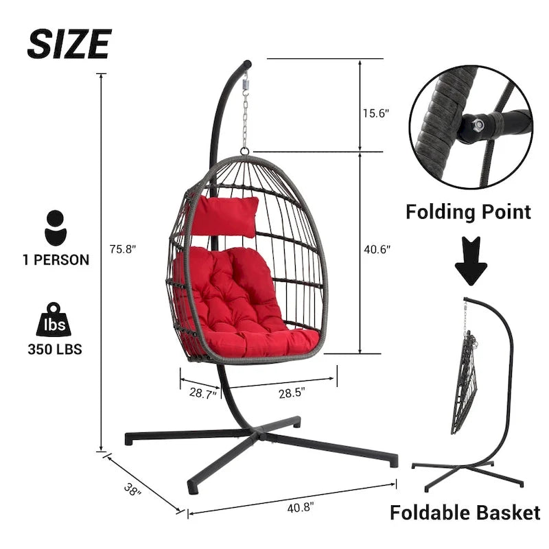 1-Person Gray Metal Porch Swing Egg Chair with Stand and Cushion