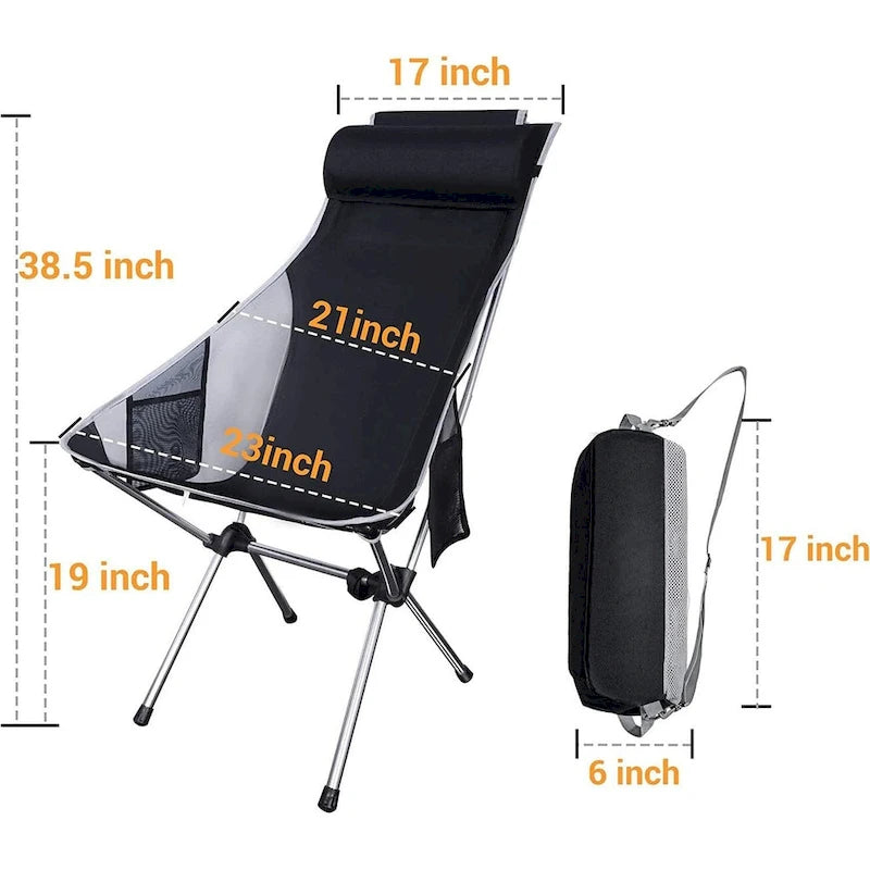 Camping Chair, Backpackable Chair, High Back Foldable Chair, Compact, Heavy-Duty w/Headrest Pillow for Outdoor, Hiking, Travel