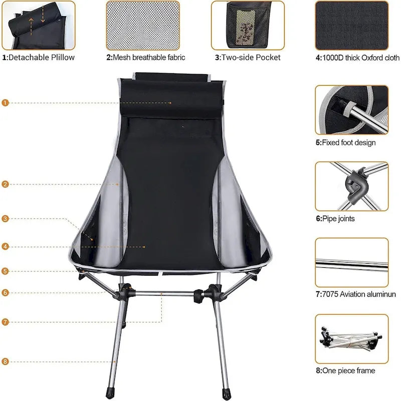Camping Chair, Backpackable Chair, High Back Foldable Chair, Compact, Heavy-Duty w/Headrest Pillow for Outdoor, Hiking, Travel