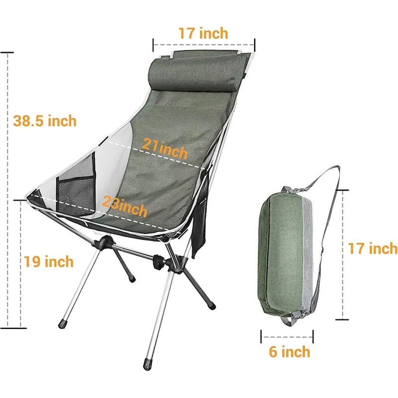Camping Chair, Backpackable Chair, High Back Foldable Chair, Compact, Heavy-Duty w/Headrest Pillow for Outdoor, Hiking, Travel