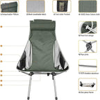 Camping Chair, Backpackable Chair, High Back Foldable Chair, Compact, Heavy-Duty w/Headrest Pillow for Outdoor, Hiking, Travel