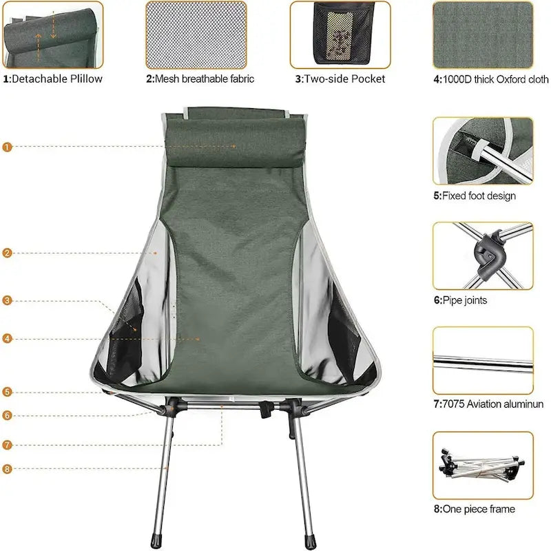 Camping Chair, Backpackable Chair, High Back Foldable Chair, Compact, Heavy-Duty w/Headrest Pillow for Outdoor, Hiking, Travel