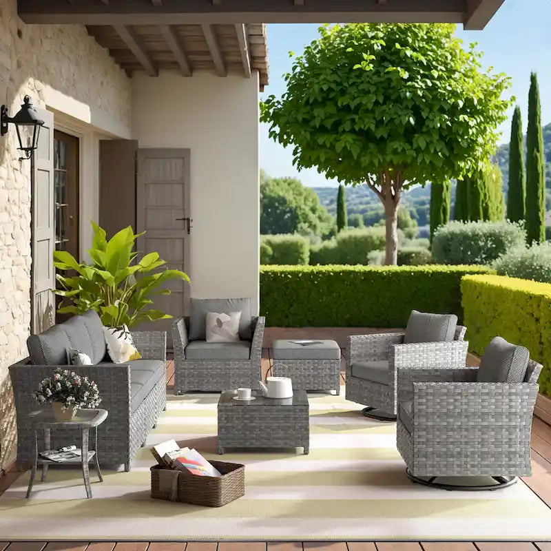HOOOWOOO 9-piece Handwoven Wicker Patio Sectional Set with Swivel Rocking Chair