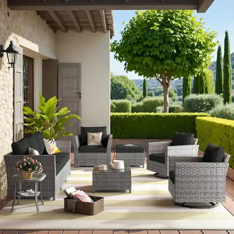 HOOOWOOO 9-piece Handwoven Wicker Patio Sectional Set with Swivel Rocking Chair