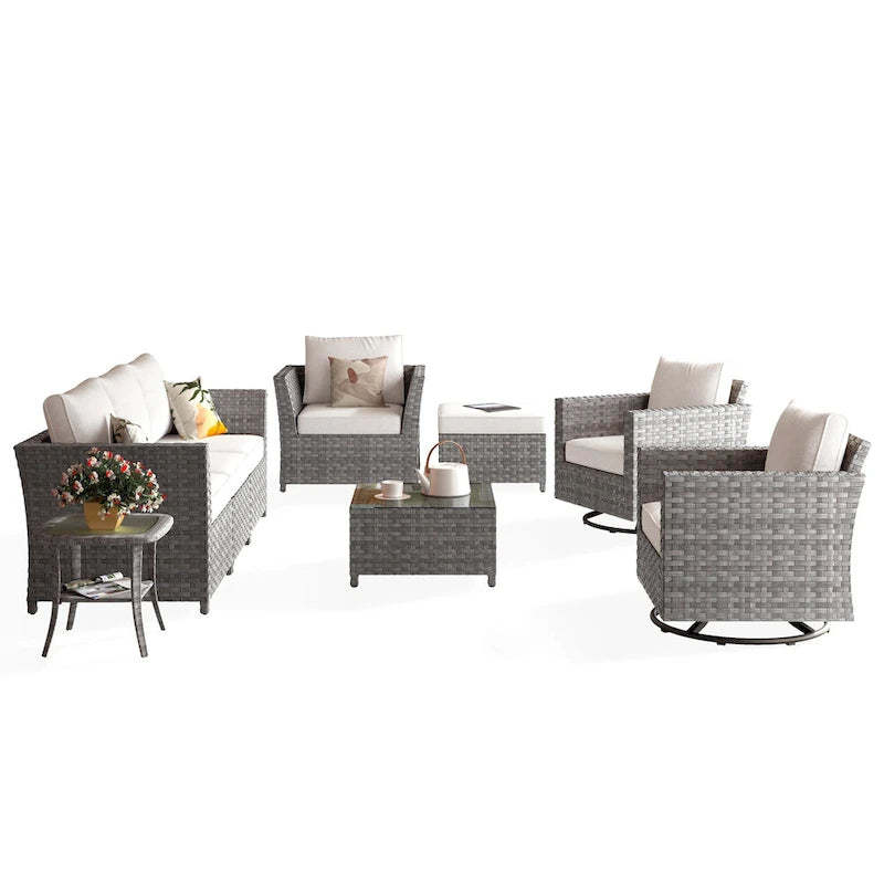 HOOOWOOO 9-piece Handwoven Wicker Patio Sectional Set with Swivel Rocking Chair