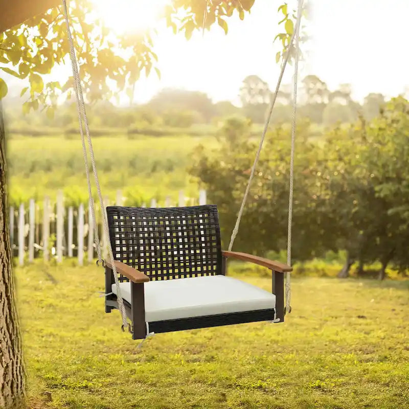 Outdoor Single Swing Chair Bench Rattan Porch Swing w/ Cushion