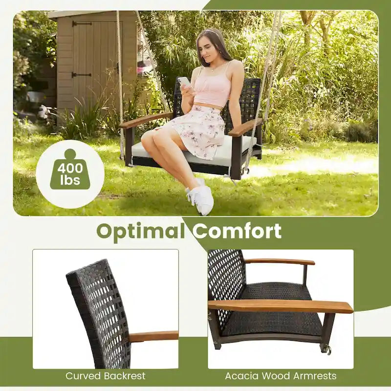 Outdoor Single Swing Chair Bench Rattan Porch Swing w/ Cushion