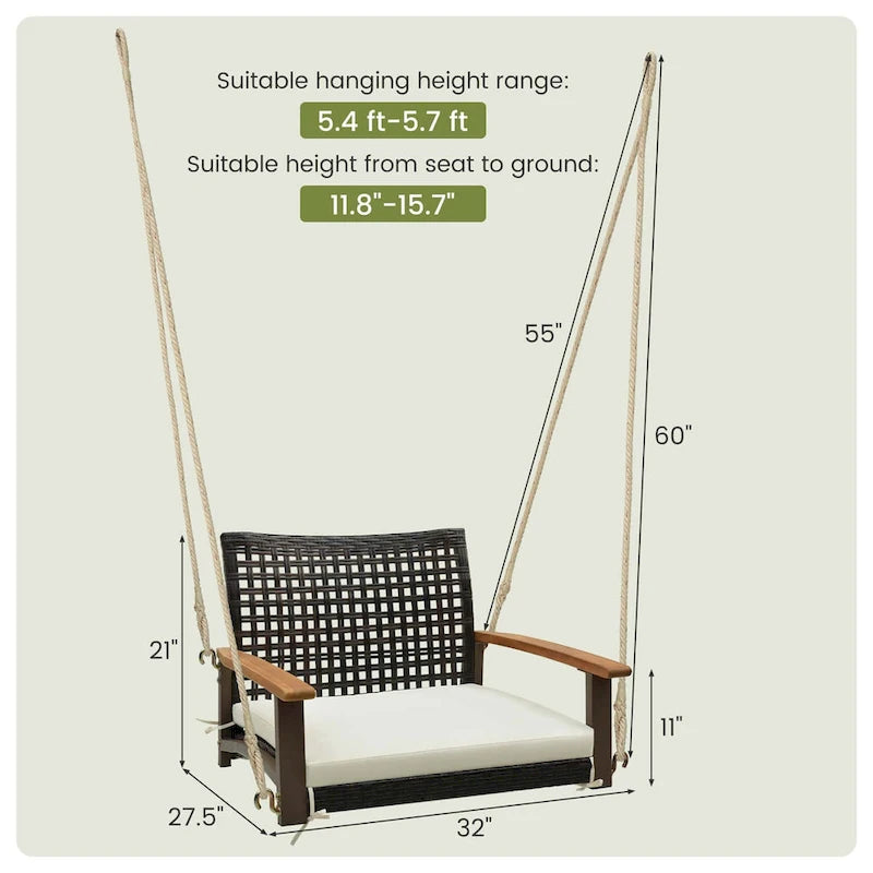 Outdoor Single Swing Chair Bench Rattan Porch Swing w/ Cushion