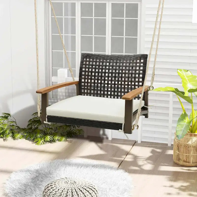 Outdoor Single Swing Chair Bench Rattan Porch Swing w/ Cushion