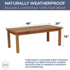 RRI Goods Teak Outdoor Coffee Table 24 X 48  Rectangular Table for Patio, Balcony, Lawn, Deck, Backyard, Terrace