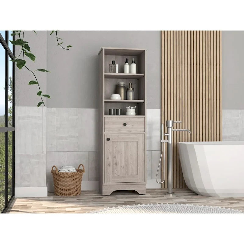 Alaskan Linen Cabinet with Drawer, 3 Open Shelves & Single Door - Light Oak White/Gray - 17.3"W x 18.8"D x 55.7"H