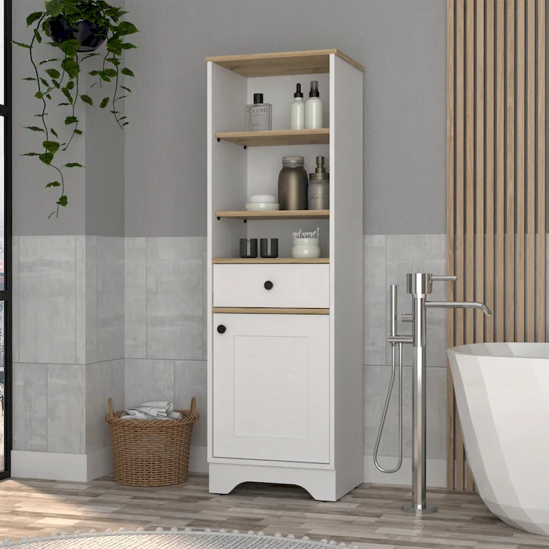 Alaskan Linen Cabinet with Drawer, 3 Open Shelves & Single Door - Light Oak White/Gray - 17.3"W x 18.8"D x 55.7"H
