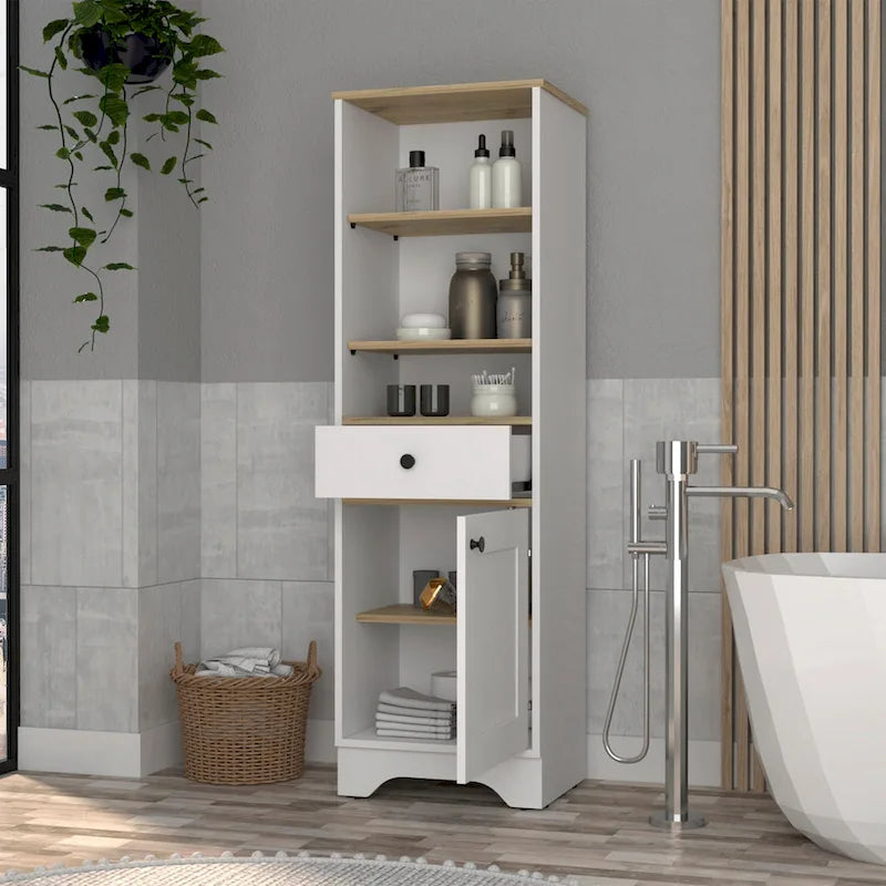 Alaskan Linen Cabinet with Drawer, 3 Open Shelves & Single Door - Light Oak White/Gray - 17.3"W x 18.8"D x 55.7"H