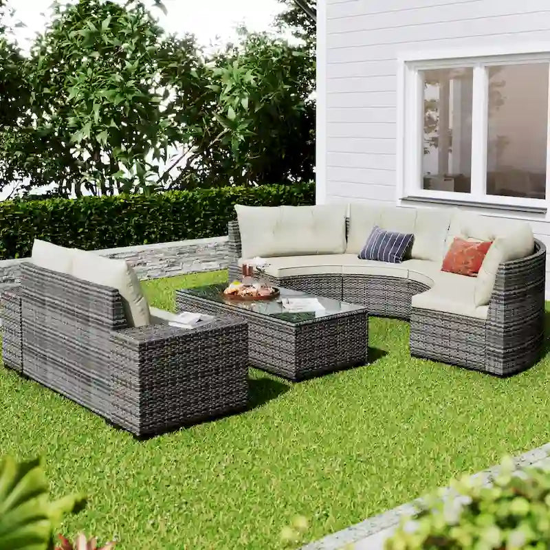 GO 8-pieces Outdoor Wicker Round Sofa Set With Rectangular Coffee Table