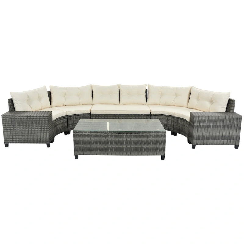 GO 8-pieces Outdoor Wicker Round Sofa Set With Rectangular Coffee Table