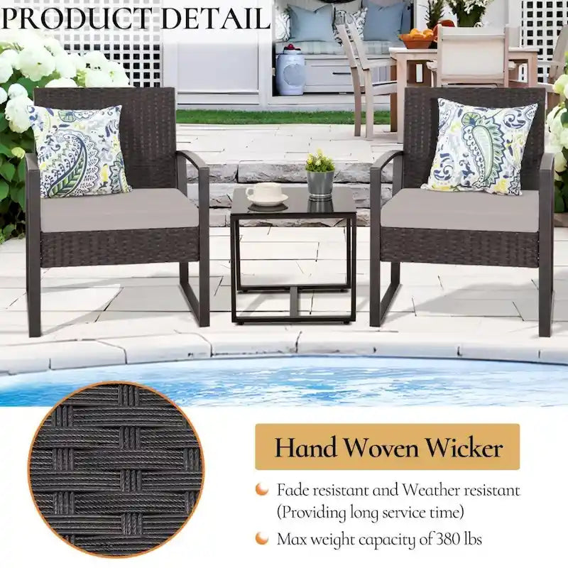 3-Piece Wicker Bistro Set, Outdoor Patio chairs with Coffee Table