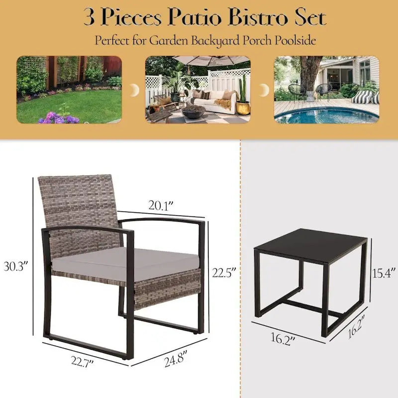3-Piece Wicker Bistro Set, Outdoor Patio chairs with Coffee Table