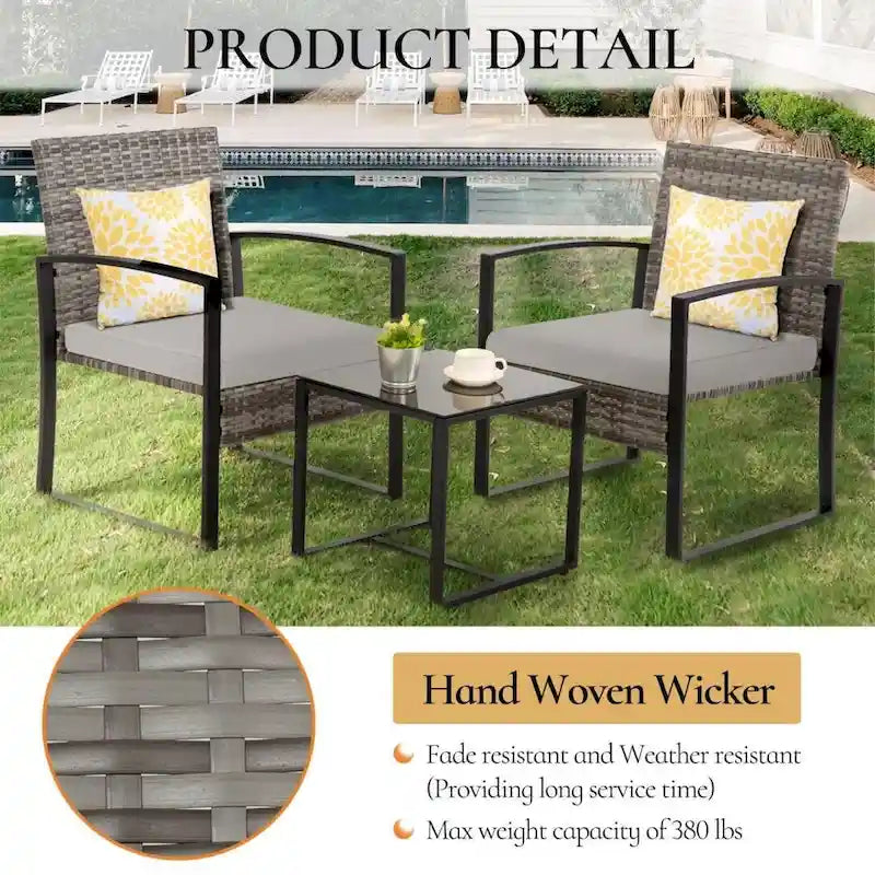 3-Piece Wicker Bistro Set, Outdoor Patio chairs with Coffee Table