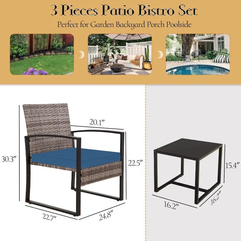 3-Piece Wicker Bistro Set, Outdoor Patio chairs with Coffee Table