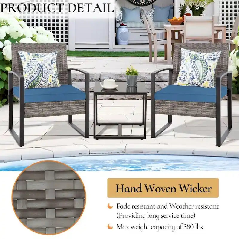 3-Piece Wicker Bistro Set, Outdoor Patio chairs with Coffee Table