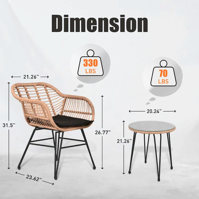 Outdoor Wicker Chairs Conversation Set with Cushions (Set of 3) - 21.26 L x 23.62 W x 31.5 H
