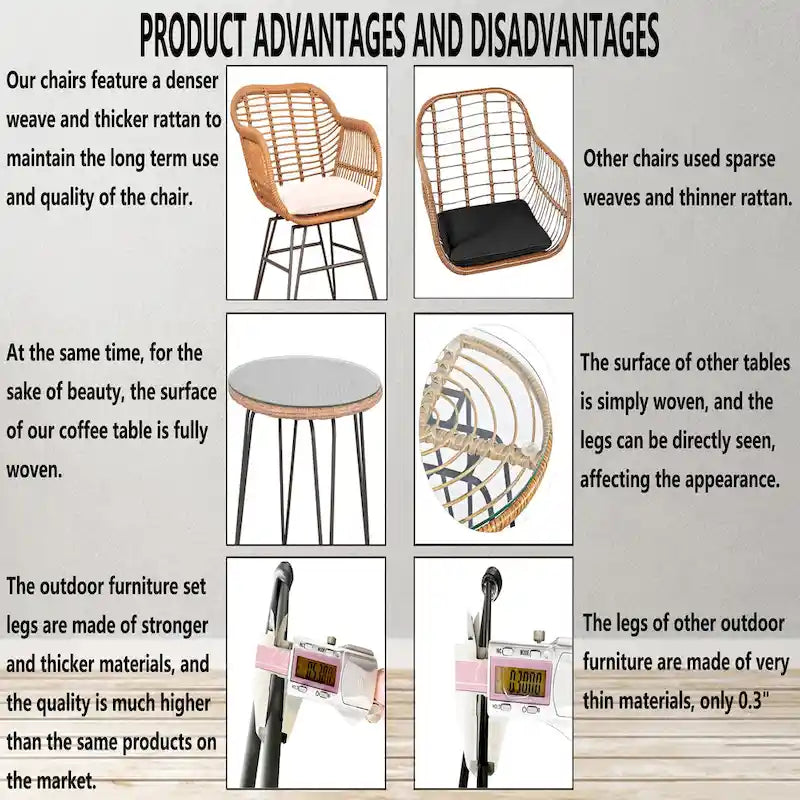 Outdoor Wicker Chairs Conversation Set with Cushions (Set of 3) - 21.26 L x 23.62 W x 31.5 H