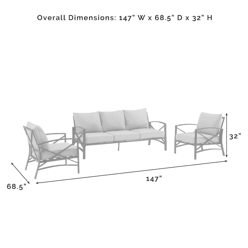 Crosley Kaplan 3Pc Outdoor Sofa Set - 147 W x 68.5 D x 32 H