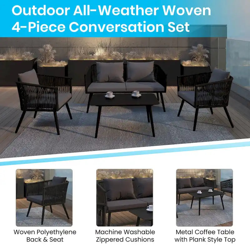 4 Piece Indoor/Outdoor Lounge Set - Loveseat, 2 Chairs & Metal Coffee Table