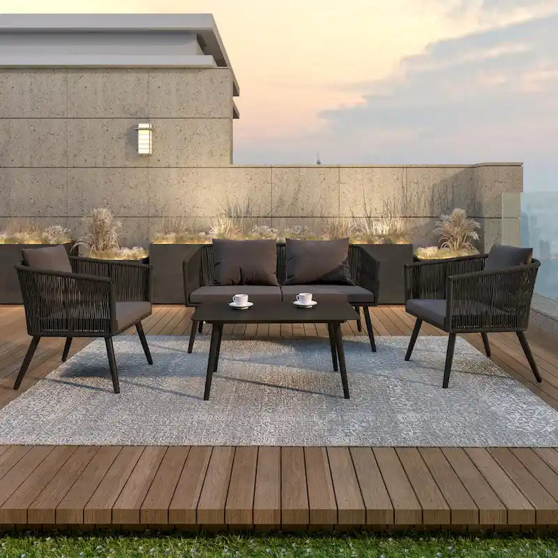 4 Piece Indoor/Outdoor Lounge Set - Loveseat, 2 Chairs & Metal Coffee Table