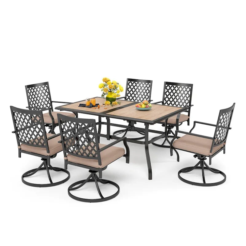 MAISON ARTS Outdoor Patio Dining Set with 6 Swivel Chairs and 1 Rectangular Umbrella Wood Like Table