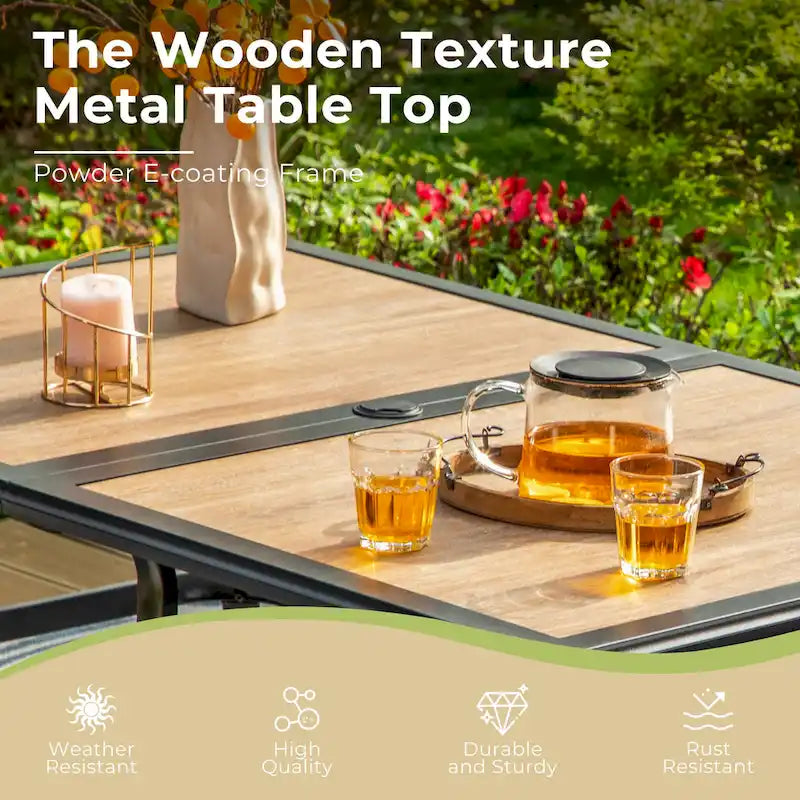 MAISON ARTS Outdoor Patio Dining Set with 6 Swivel Chairs and 1 Rectangular Umbrella Wood Like Table
