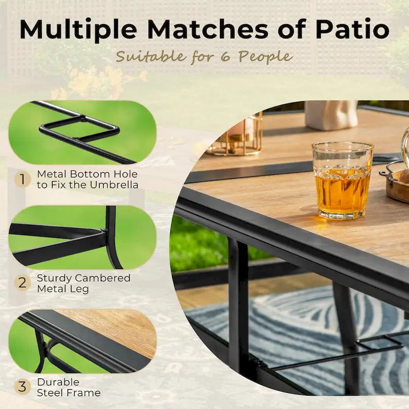 MAISON ARTS Outdoor Patio Dining Set with 6 Swivel Chairs and 1 Rectangular Umbrella Wood Like Table