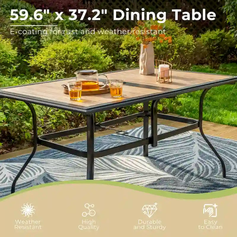 MAISON ARTS Outdoor Patio Dining Set with 6 Swivel Chairs and 1 Rectangular Umbrella Wood Like Table