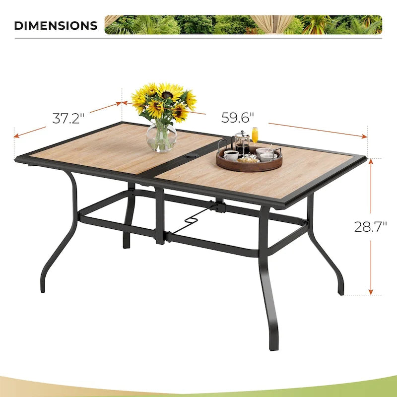 MAISON ARTS Outdoor Patio Dining Set with 6 Swivel Chairs and 1 Rectangular Umbrella Wood Like Table