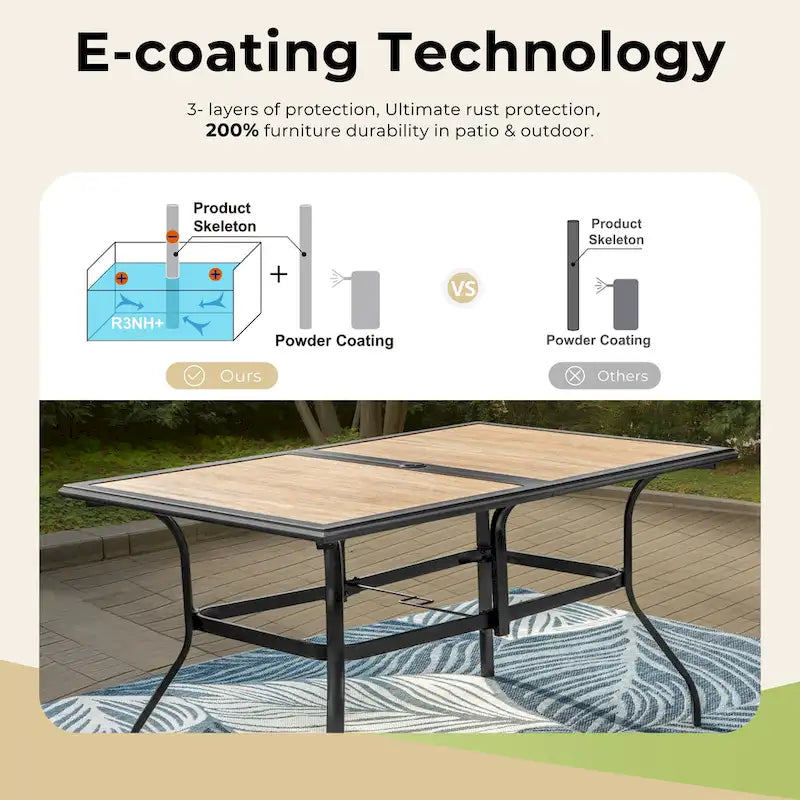 MAISON ARTS Outdoor Patio Dining Set with 6 Swivel Chairs and 1 Rectangular Umbrella Wood Like Table
