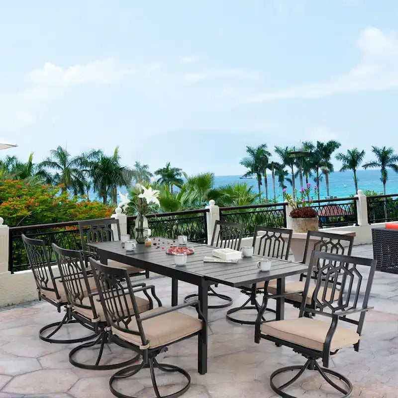 MAISON ARTS Seats up to 6/8 Outdoor Patio Dining Set, 6/8 Metal Swivel Chairs, 1 Rectangular Expandable Table
