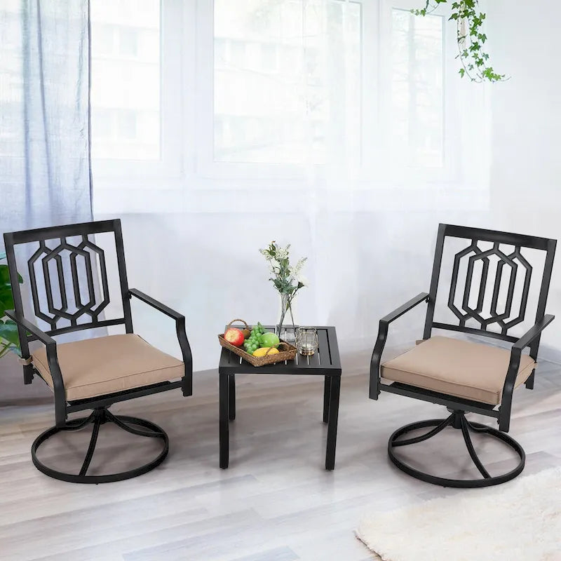 MAISON ARTS 3-Pcs Outdoor Dining Set,1 Steel Swivel Dining Chair with Cushion and 1 Black Small Metal Square Coffee Table