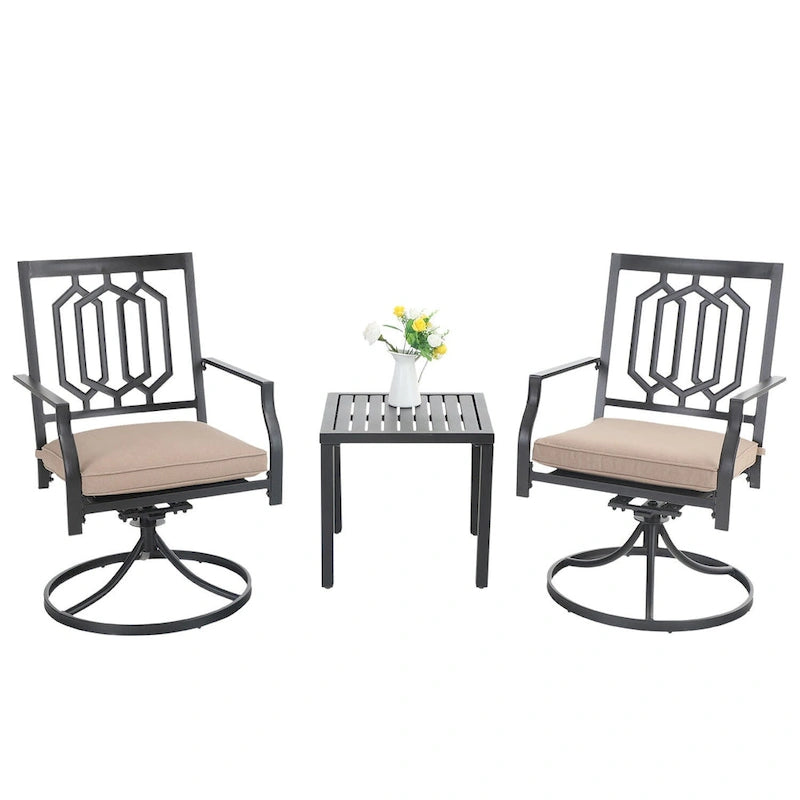 MAISON ARTS 3-Pcs Outdoor Dining Set,1 Steel Swivel Dining Chair with Cushion and 1 Black Small Metal Square Coffee Table