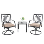MAISON ARTS 3-Pcs Outdoor Dining Set,1 Steel Swivel Dining Chair with Cushion and 1 Black Small Metal Square Coffee Table