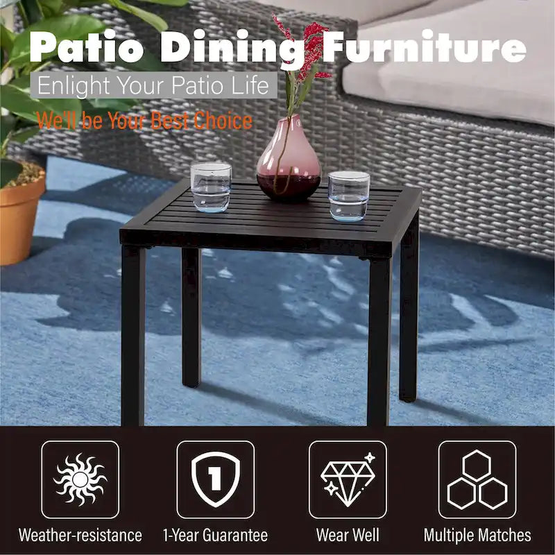 MAISON ARTS 3-Pcs Outdoor Dining Set,1 Steel Swivel Dining Chair with Cushion and 1 Black Small Metal Square Coffee Table