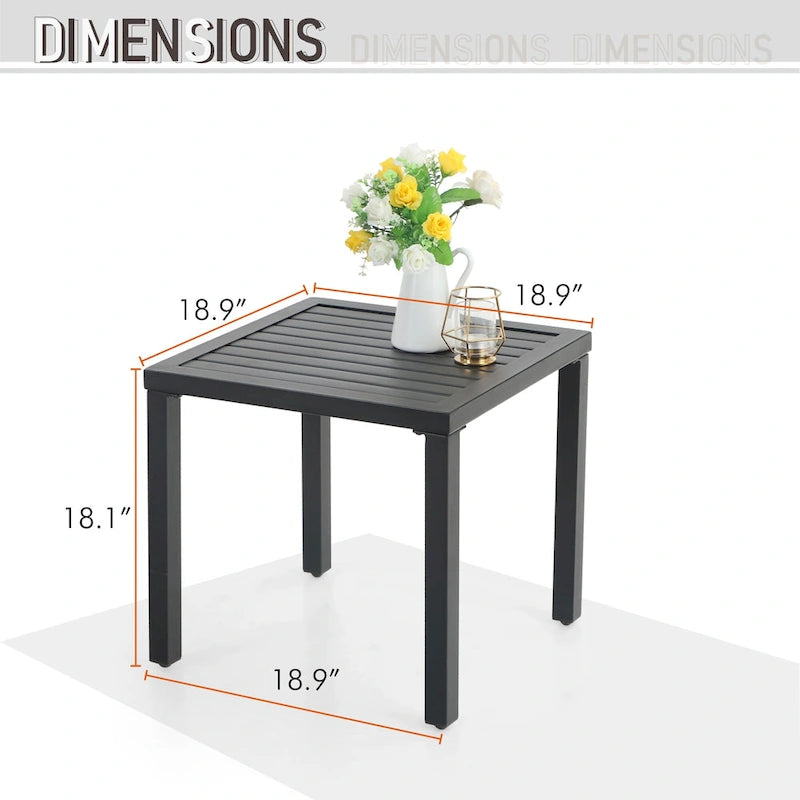MAISON ARTS 3-Pcs Outdoor Dining Set,1 Steel Swivel Dining Chair with Cushion and 1 Black Small Metal Square Coffee Table