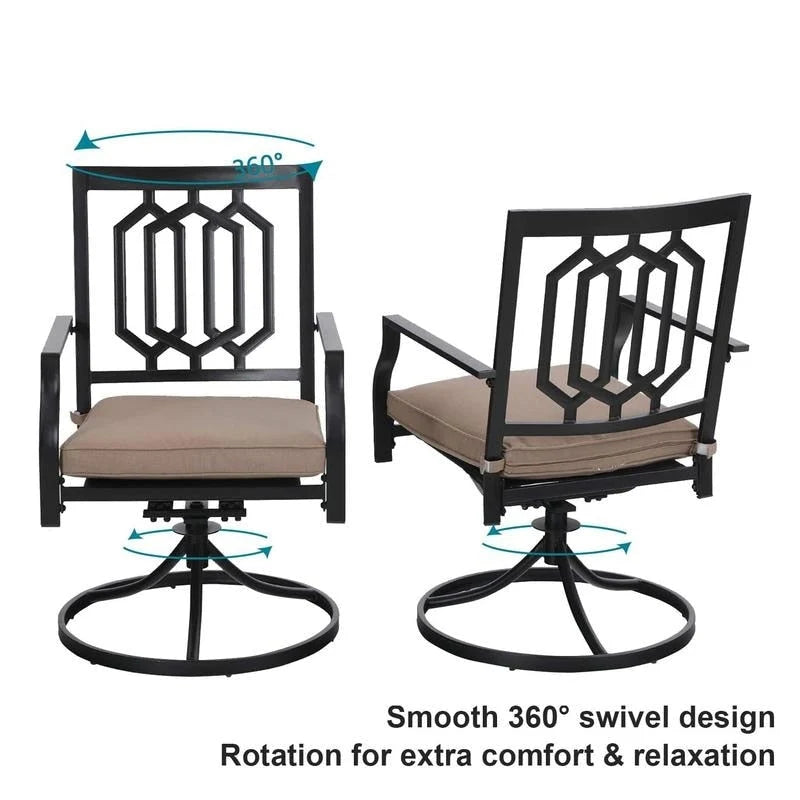 MAISON ARTS 3-Pcs Outdoor Dining Set,1 Steel Swivel Dining Chair with Cushion and 1 Black Small Metal Square Coffee Table