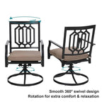 MAISON ARTS 3-Pcs Outdoor Dining Set,1 Steel Swivel Dining Chair with Cushion and 1 Black Small Metal Square Coffee Table
