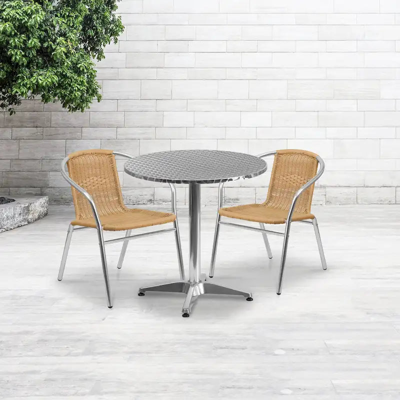 27.5  Round Aluminum Indoor-Outdoor Table Set with 2 Rattan Chairs - 27.5 W x 27.5 D x 27.5 H - 27.5 W x 27.5 D x 27.5 H