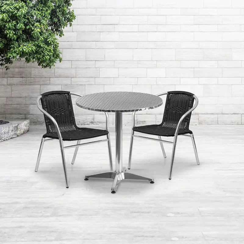 27.5  Round Aluminum Indoor-Outdoor Table Set with 2 Rattan Chairs - 27.5 W x 27.5 D x 27.5 H - 27.5 W x 27.5 D x 27.5 H